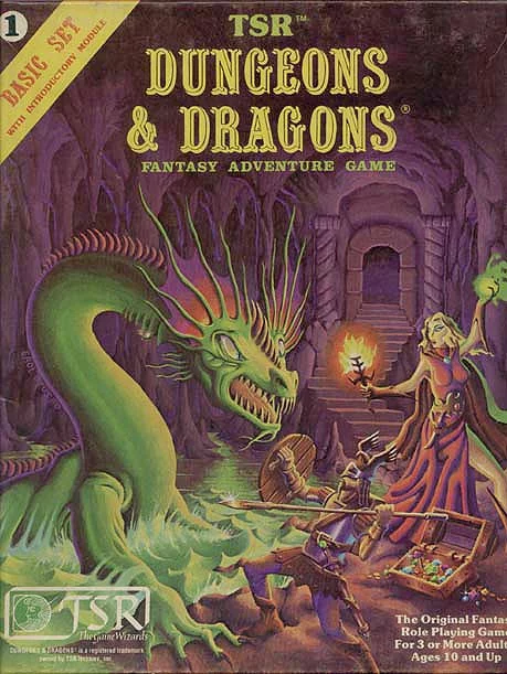 Vintage Dungeons & Dragons Basic Set omslag med helter som kjemper mot en drage