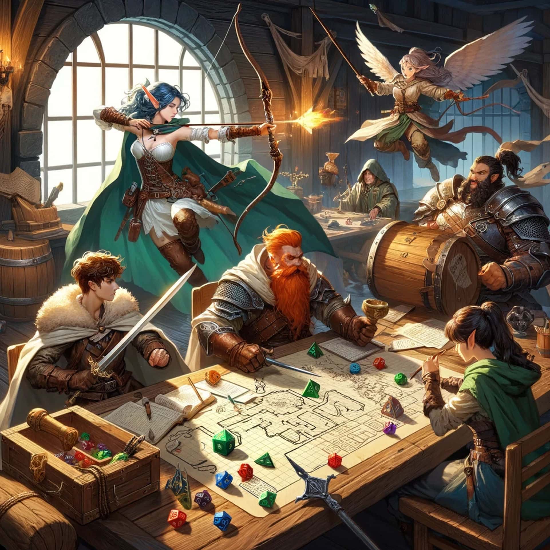 Episk fantasy-scene av spillere som nyter et Dungeons & Dragons-spill med terninger og karakterark