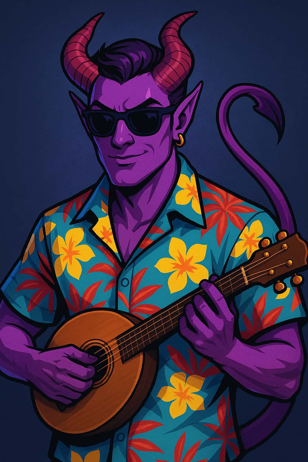 Kul lilla tiefling bard i en hawaiisk skjorte som spiller lutt, smilende med solbriller.