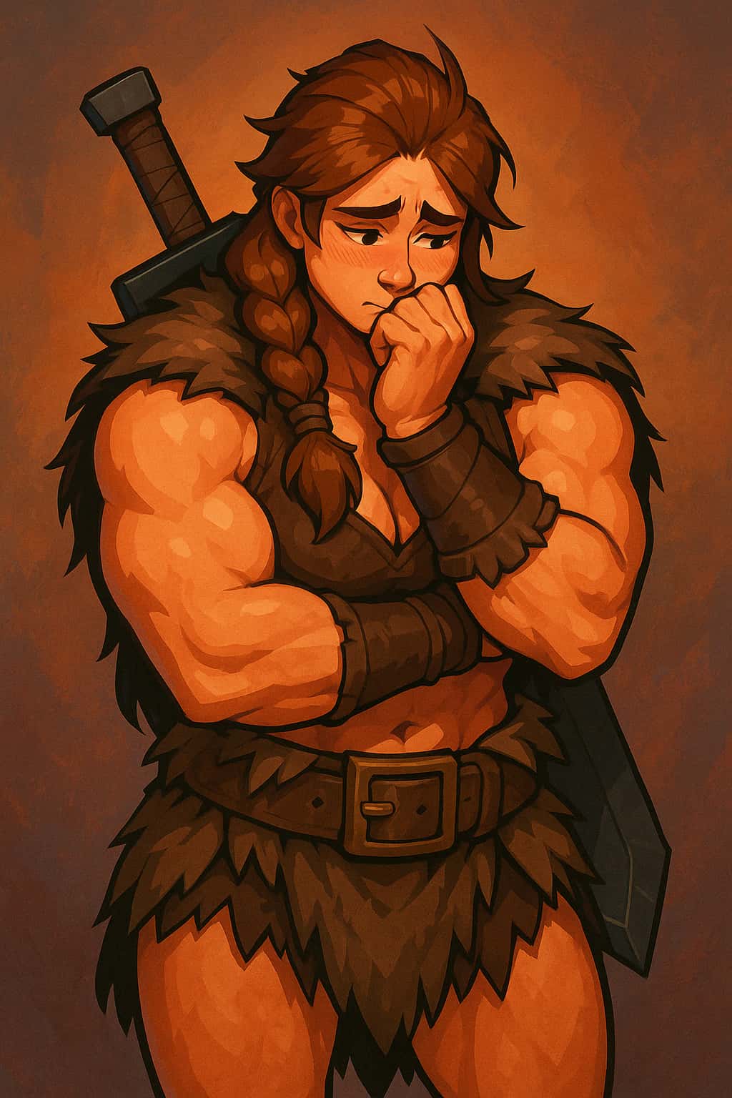Sjenert muskuløs barbarian kvinne med flettet hår og et gigantisk sverd, ser nervøs ut.