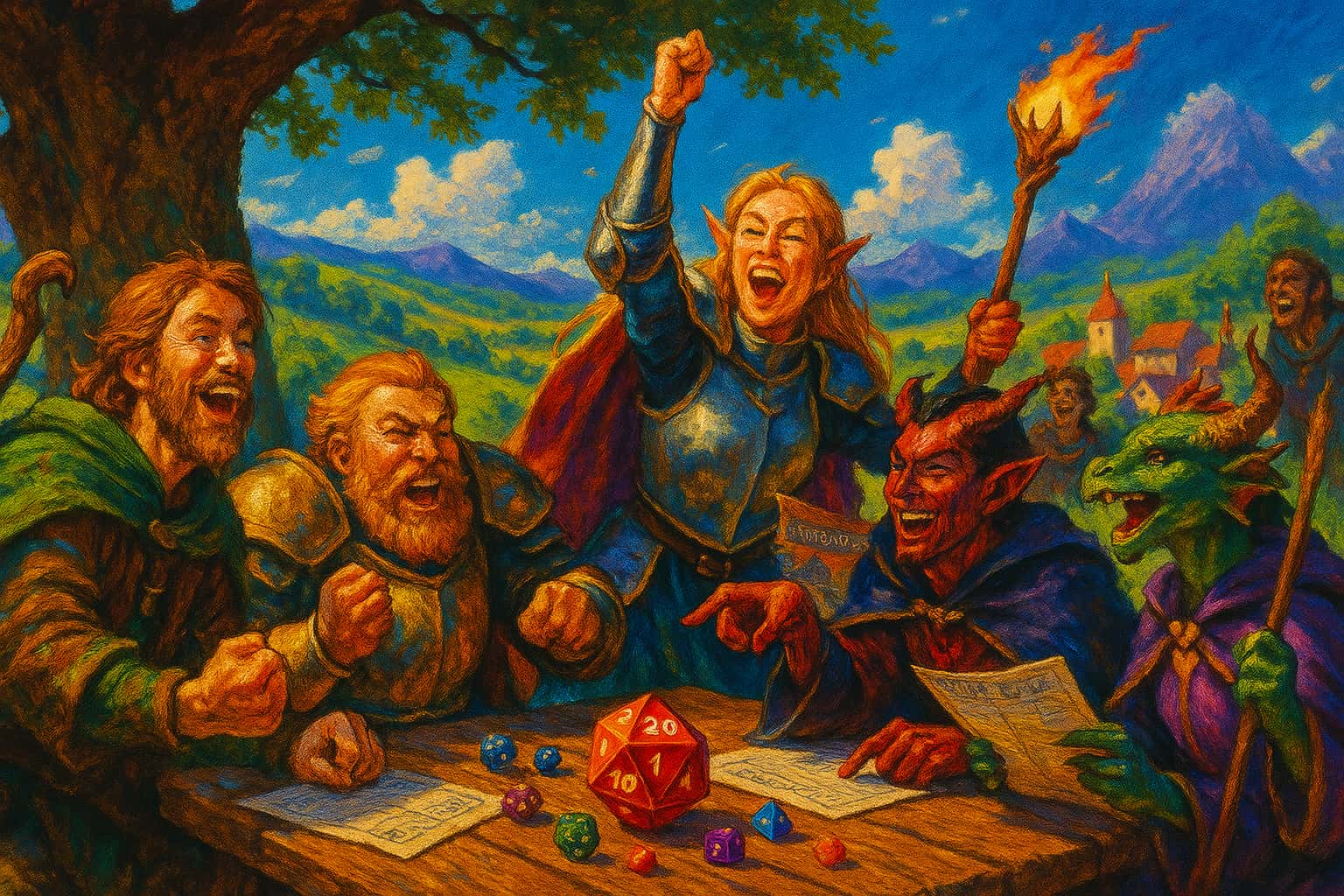 Fantasy-scene med eventyrere og terninger rundt et bord i en episk Dungeons & Dragons-spillsetting